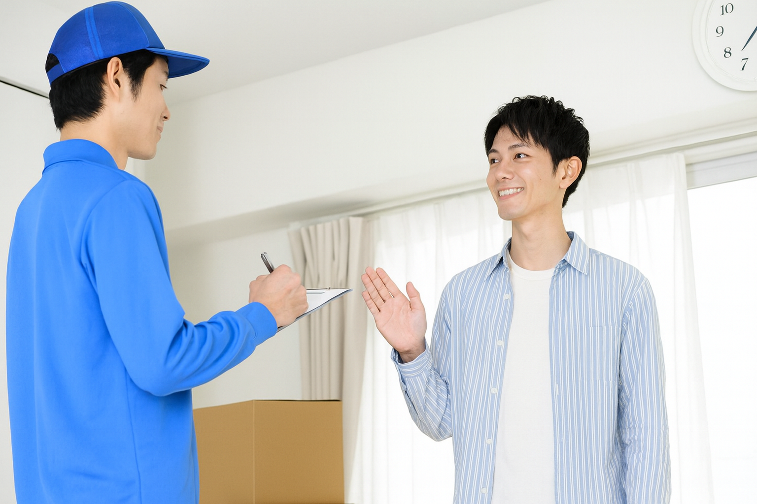 高知市で引っ越し後に出張買取サービスを利用する男性。リサイクルショップのスタッフと査定内容を確認している様子。