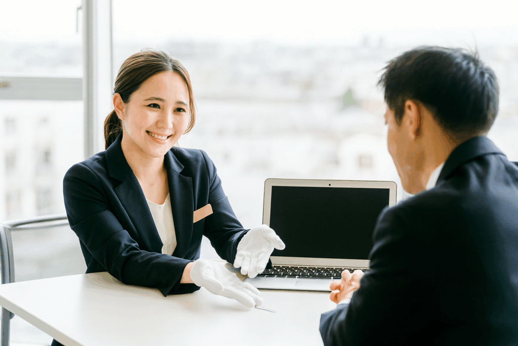 高知市のリサイクルショップで店頭買取の査定を受けている様子。スタッフが笑顔でブランド品の査定内容を説明しているシーン。