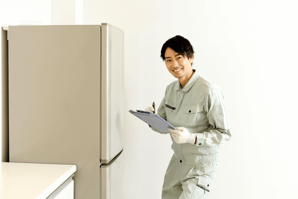 高知市で家電の出張買取を行う様子。リサイクルショップのスタッフが冷蔵庫を査定しているシーン。