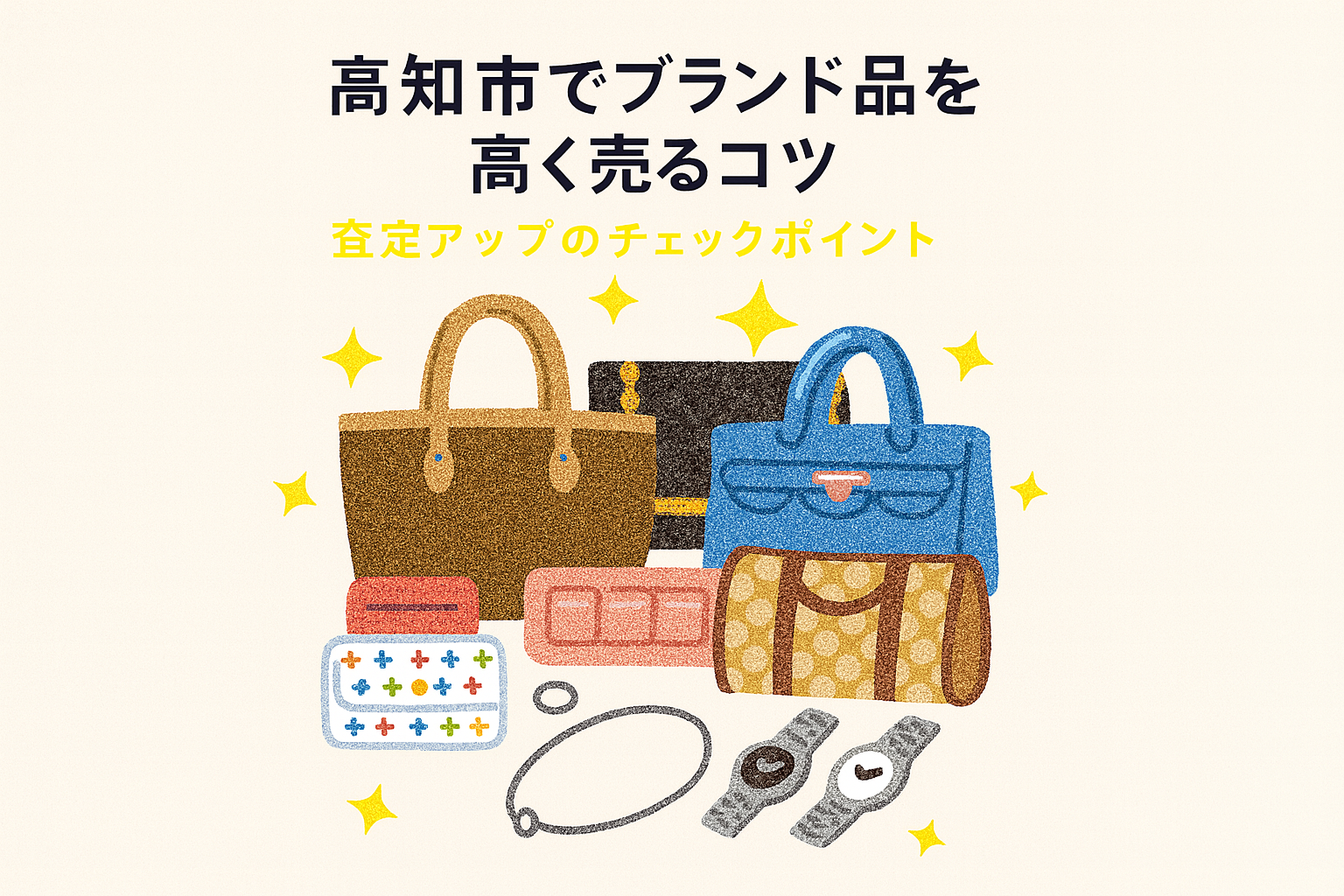 高知市でブランド品を高く売るコツを紹介するアイキャッチ画像。バッグや時計、アクセサリーなどのブランド品が並び、査定アップのチェックポイントをイメージしたデザイン。
