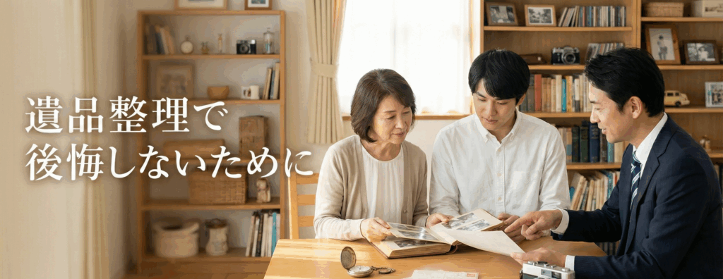 遺品整理の相談をする家族と専門スタッフが机でアルバムを見ながら話し合っている様子。高知市で遺品整理を後悔しないためのサポート場面をイメージした写真。