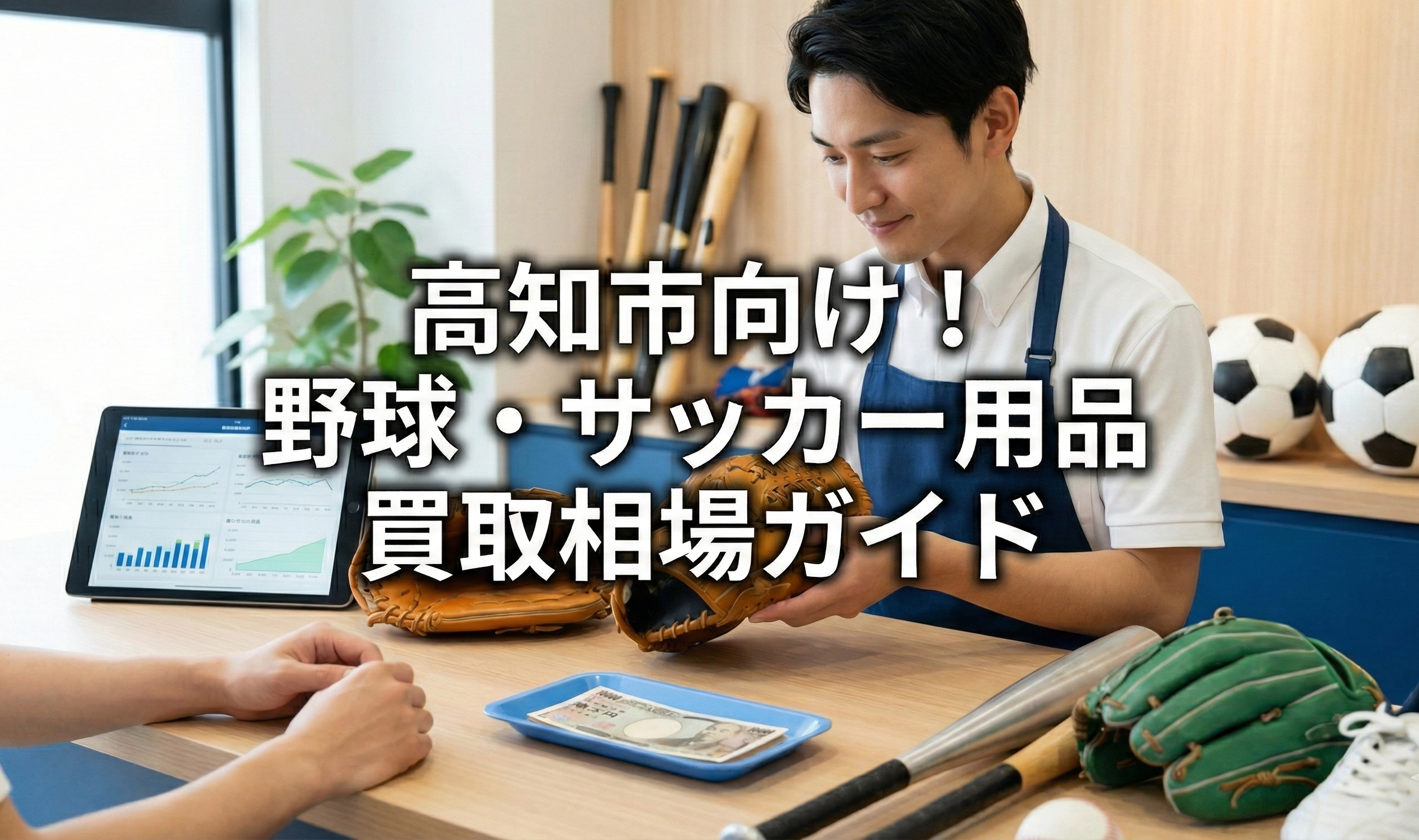 高知市で野球やサッカーのスポーツ用品をリサイクルショップが買取査定している様子