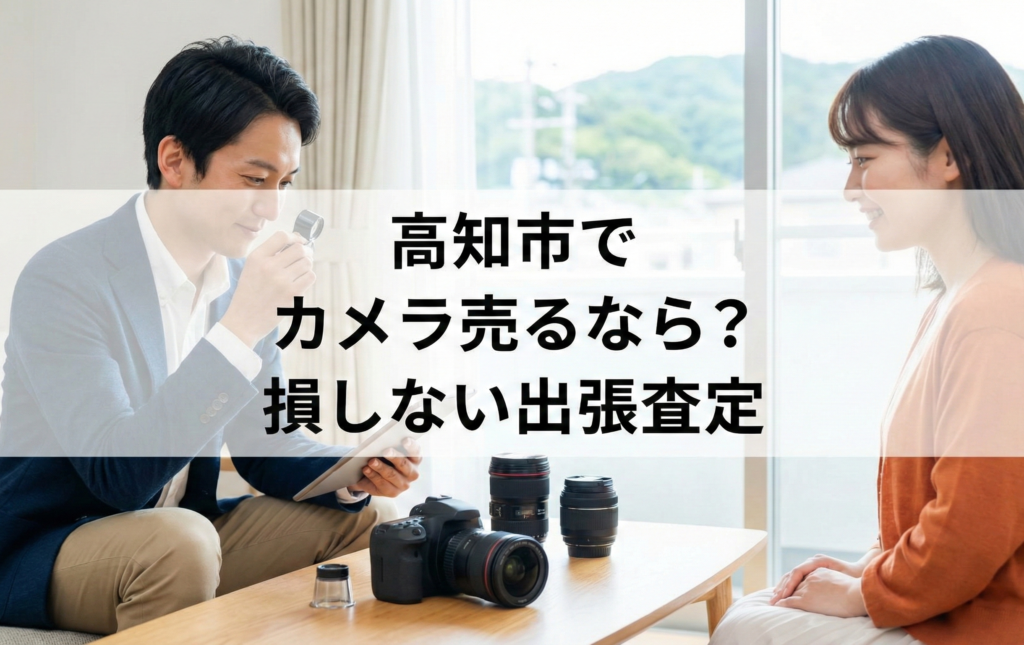高知市でカメラやレンズをリサイクルショップが出張査定している様子