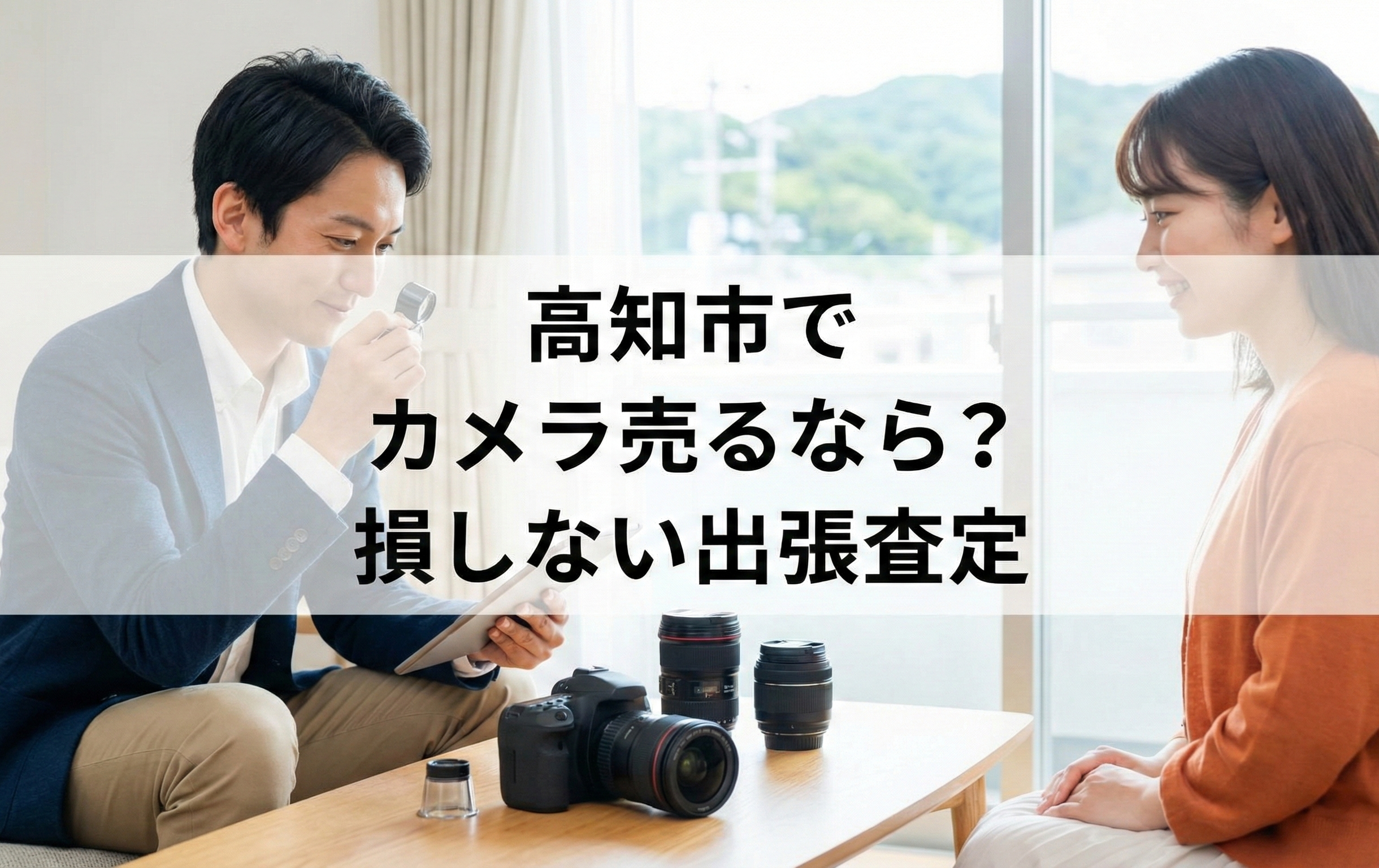 高知市でカメラやレンズをリサイクルショップが出張査定している様子