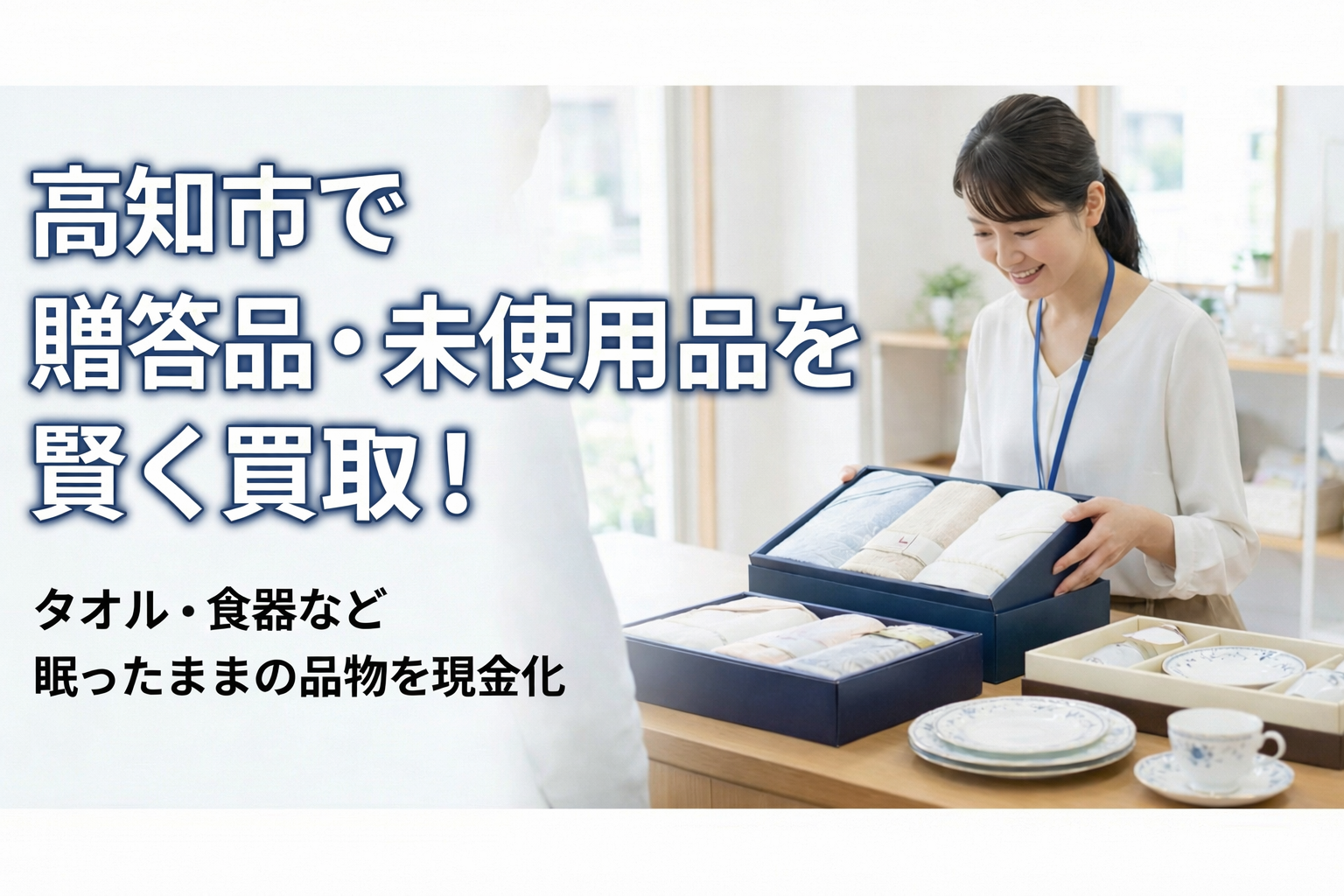 高知市のリサイクルショップで未使用の贈答品やタオル・食器を買取査定している様子