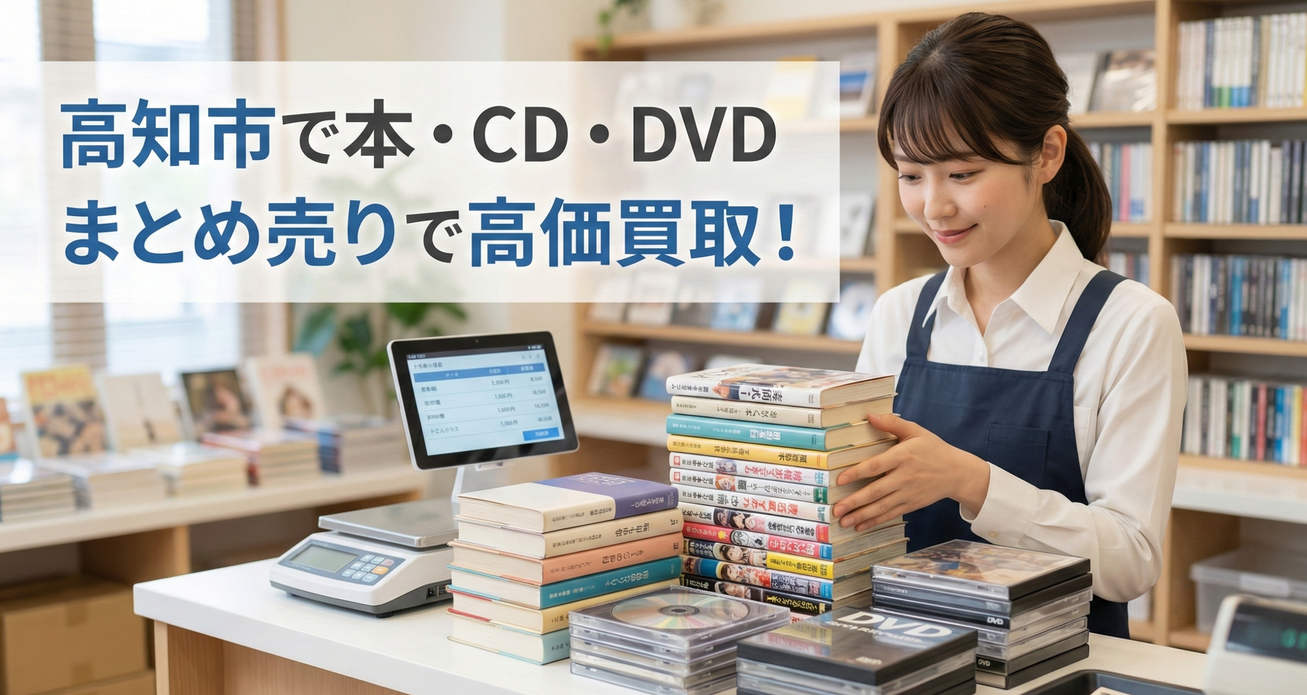 高知市で本やCD・DVDをリサイクルショップがまとめて買取査定している様子