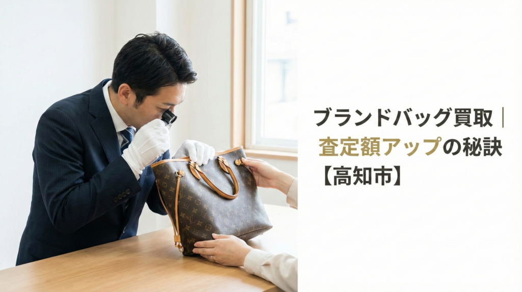 高知市でブランドバッグをリサイクルショップが店頭買取査定している様子